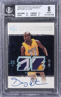 2003-04 UD "Exquisite Collection" Emblems of Endorsement #GP Gary Payton Signed Game Used Patch Card (#10/15) - BGS NM-MT 8/BGS 10